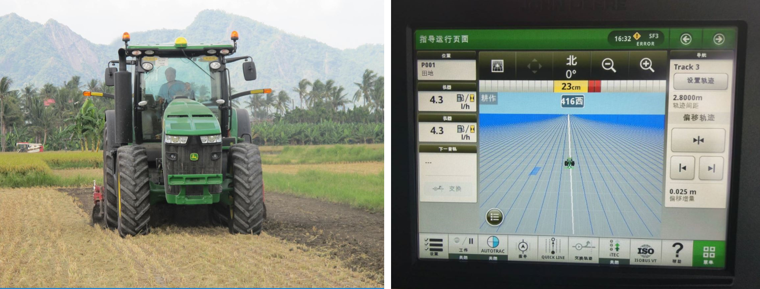圖1、John Deere GPS-8295R (iTEC+IVT)曳引機 圖2、GPS衛星導航系統畫面