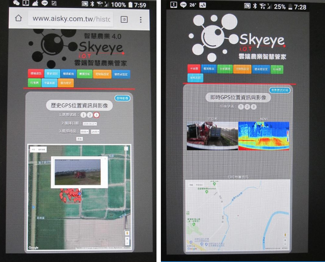 圖3、毛豆採收機GPS車載影像監測系統   圖4、智慧農業-Skyeye IoT雲端智慧農業管家系統