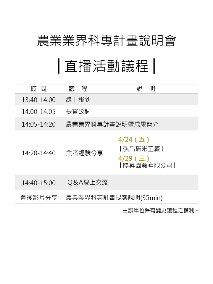農業業界科專計畫說明會 直播活動議程