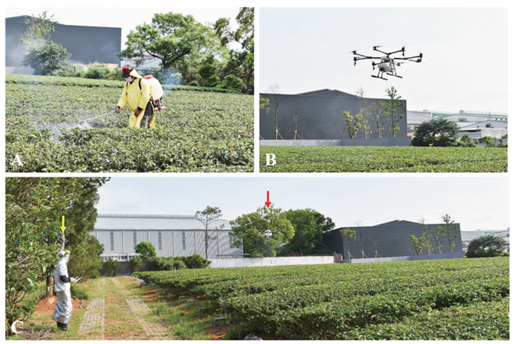 圖5、相對於傳統施藥使操作者暴露於農藥中（圖A），應用無人機管理茶園病蟲害，定速、定高與定流量施用藥劑（圖B），降低操作人員農藥暴露風險。