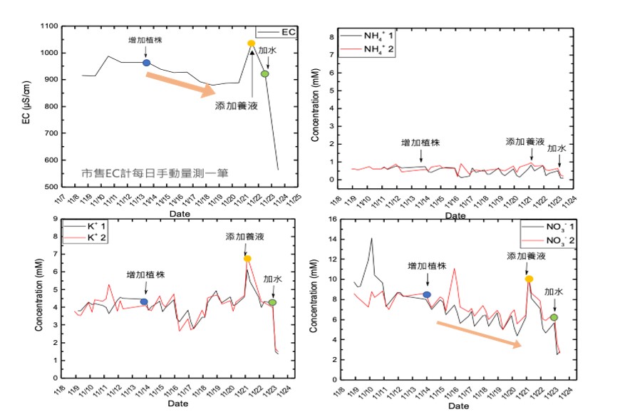 Figure 2. Ion concentration changes in the on-site monitoring. Year: 2022; location: hydroponic greenhouse, NPUST; nutrient solution used: Yamazaki nutrient solution 